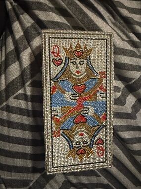 Beaded Queen of Hearts Card Clutch in Silver, Blue & Red